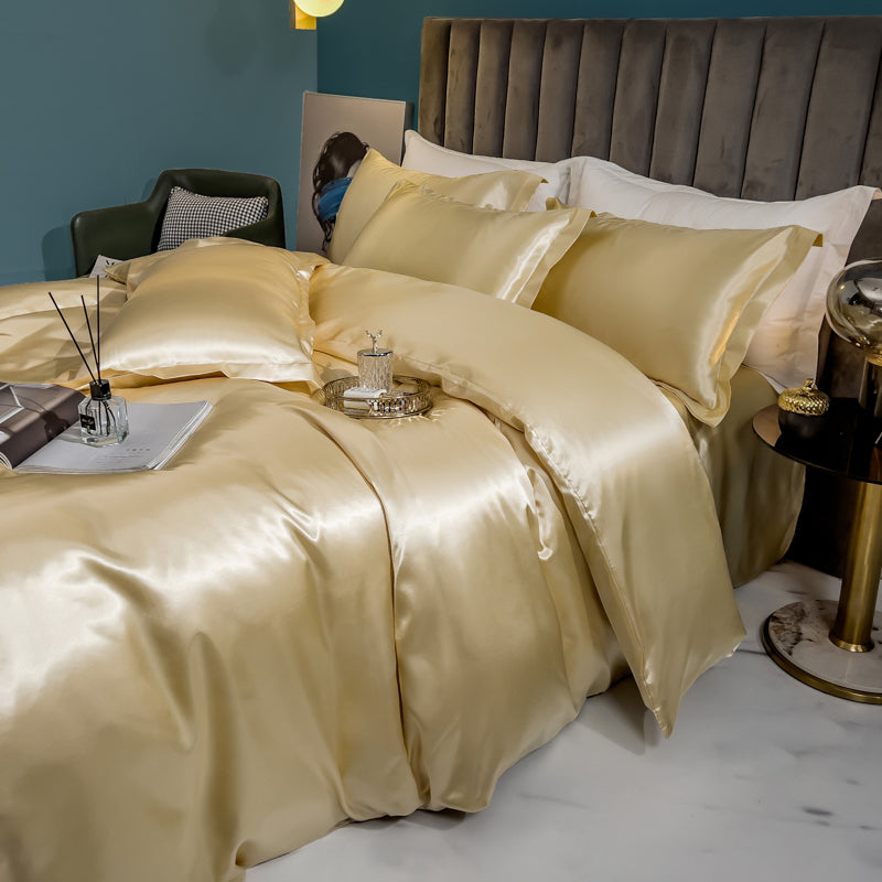 Solid Silk Bedding Set with Duvet Cover Bed Sheet Pillow Case Luxury Single Double Couple Rayon Satin Pillowcases Bedsheet