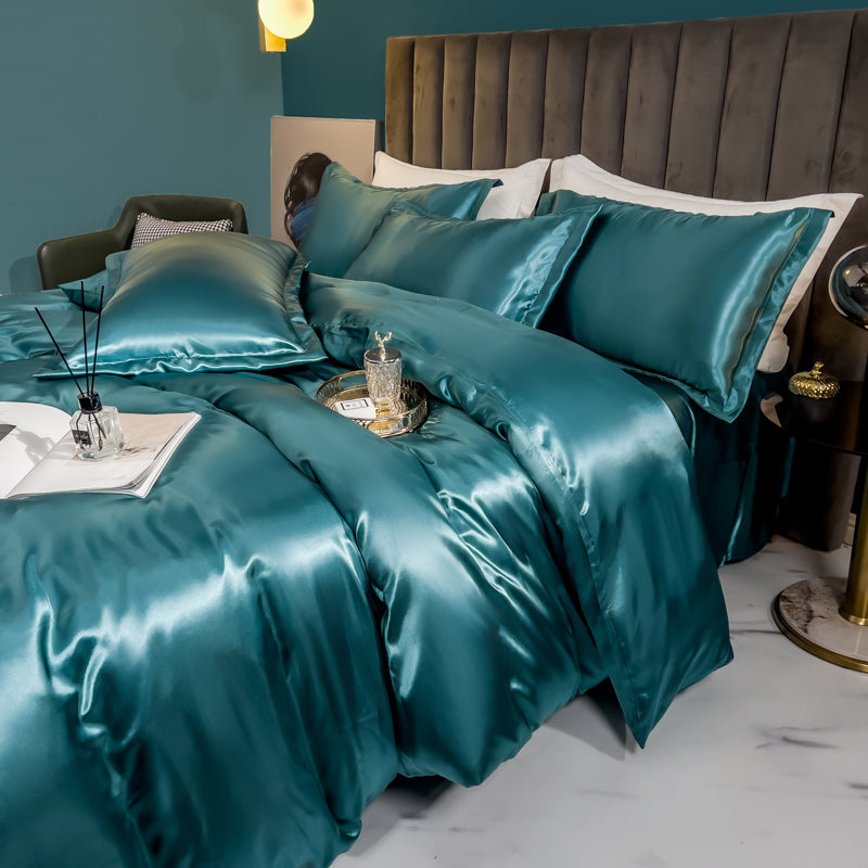 Solid Silk Bedding Set with Duvet Cover Bed Sheet Pillow Case Luxury Single Double Couple Rayon Satin Pillowcases Bedsheet